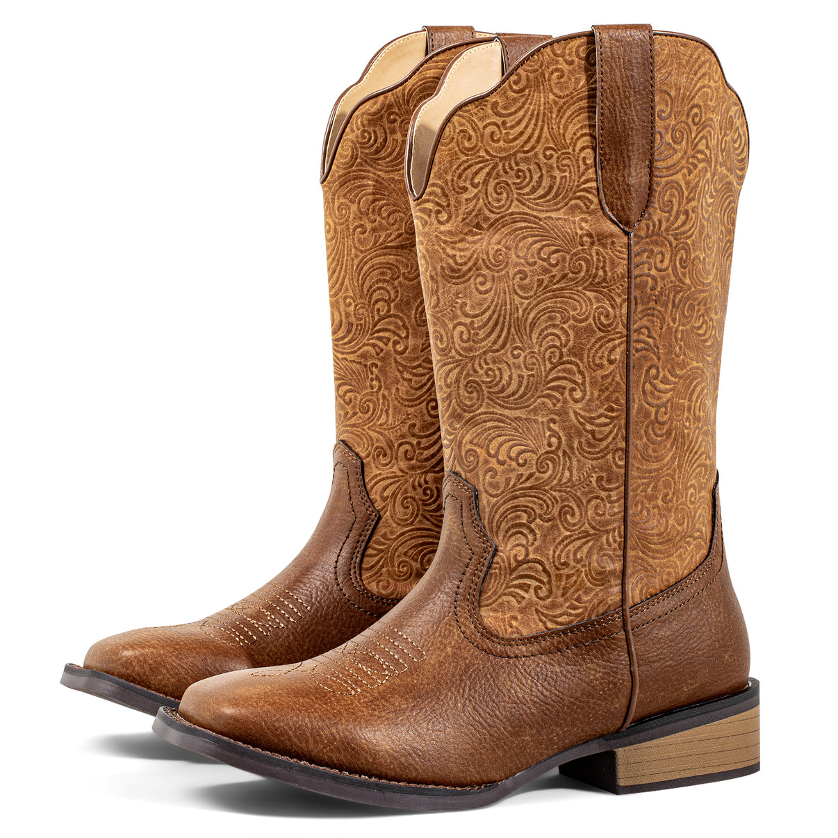 SheSole Women's Extra Wide Calf Cowboy Boots Square Toe – Pull-On Western Boots for Thick Calves, Stretch Comfort & Removable Insole, Classic Western Pattern - SheSole