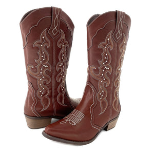 SheSole Womens Wide Calf Cowboy Cowgirls Boots Brown - SheSole